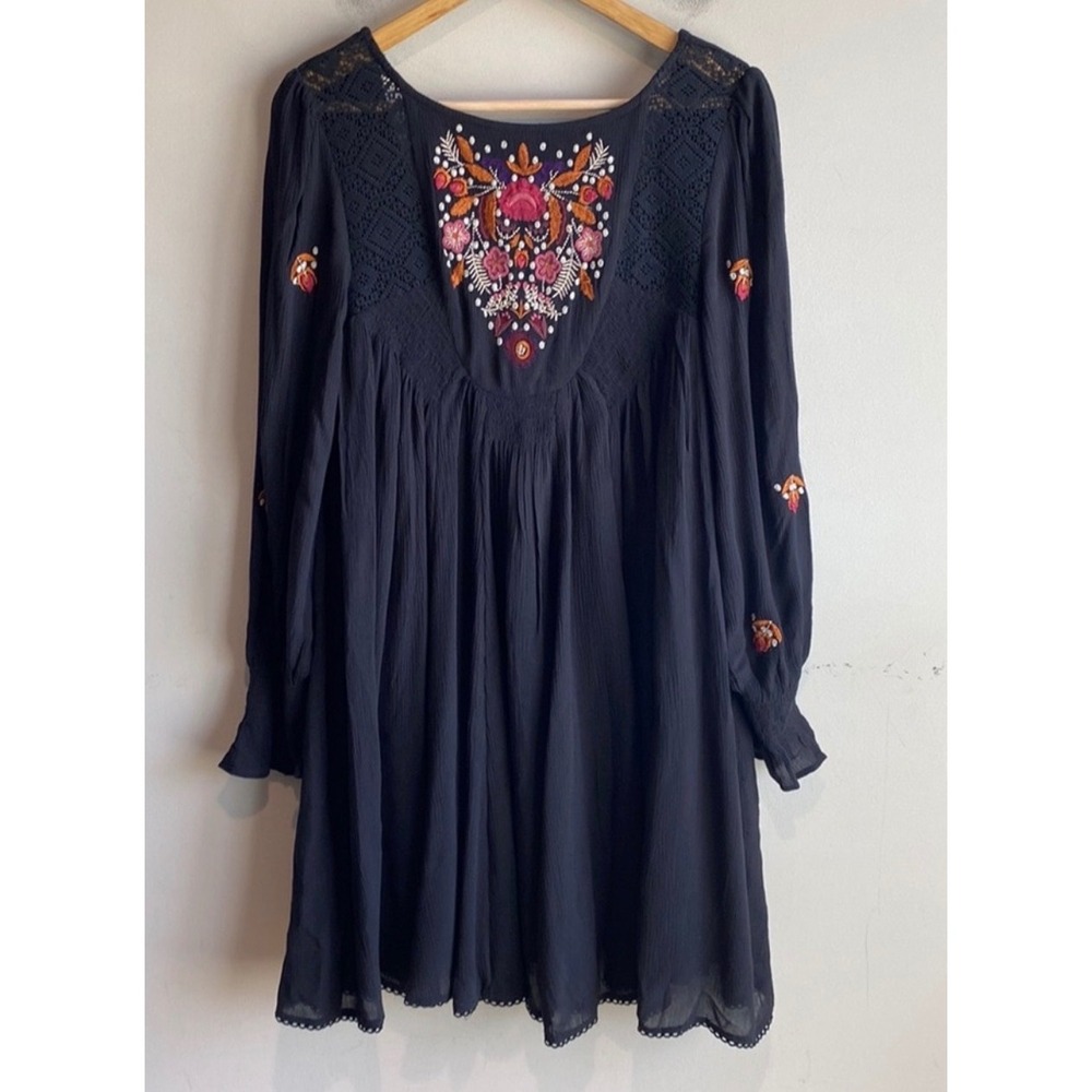 Free People Mohave A-line‎ DressMini Dress Black XS Embroidered Boho Babydoll - Picture 3 of 12